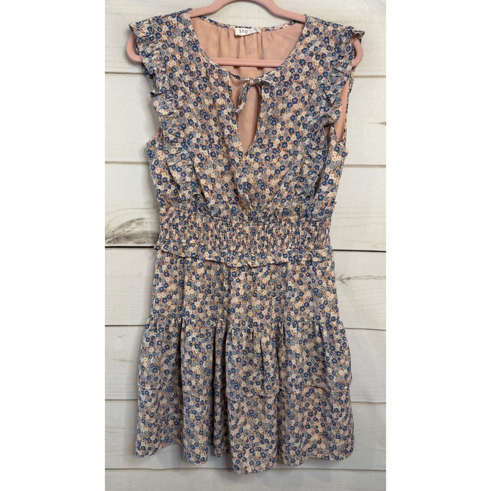 Storia Floral Smocked Mini Dress Blue Peach Ruffle Tiered‎ Sleeveless Large Boho